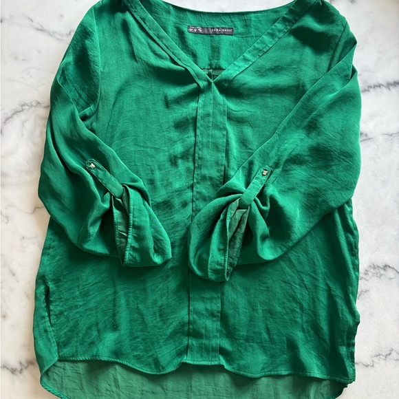 Zara Emerald Green V-Neck Stepped Hem Blouse | Size XL - Picture 7 of 9